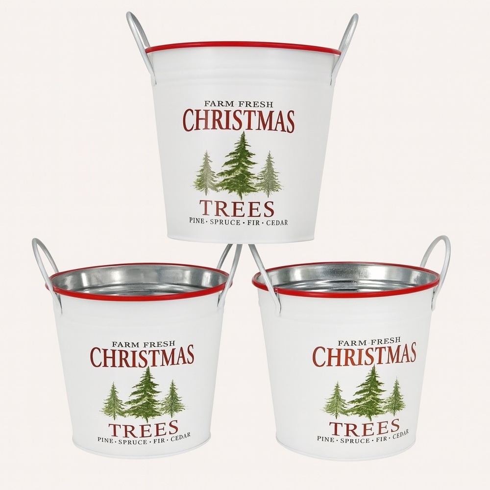 NWOT Set of 3 Farm Fresh‎ Christmas Trees Metal Buckets Holiday Decor